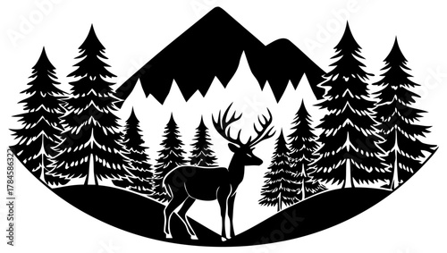 Deer Silhouette in Forest Landscape with Pine Trees and Mountain Background Vector Illustration