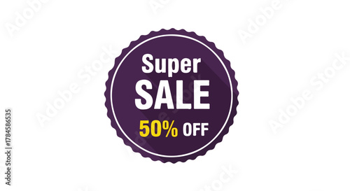 Promotional super sale fifty percent off round label. Isolated vector graphic icon for ecommerce and business advertising. 