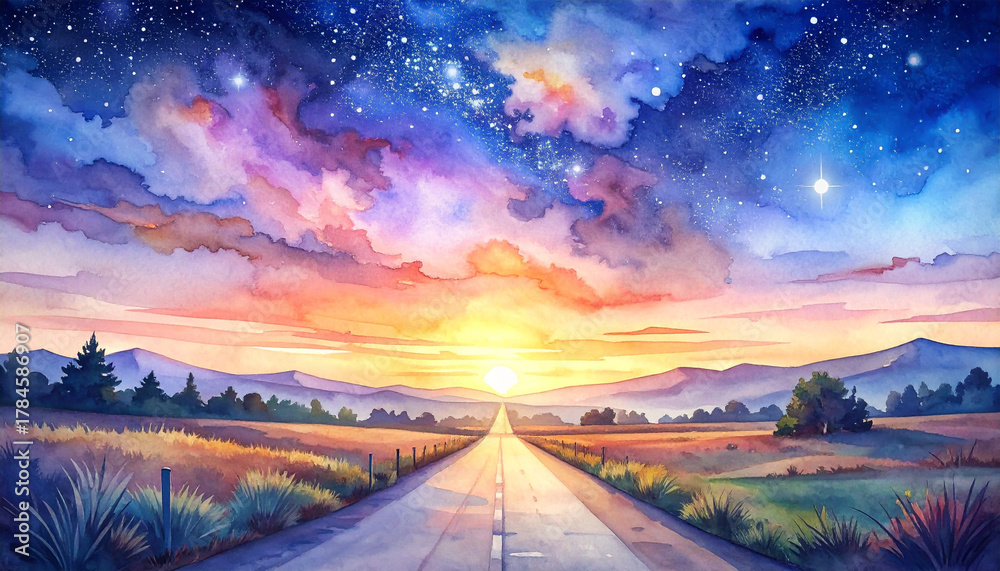 Naklejka premium 夕焼け空とまっすぐ続く道路の水彩イラスト