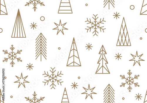 Golden holiday pattern, Christmas trees. Forest on a white background. Snow in the forest. Vector illustration