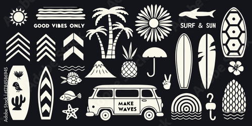 Collection of black and white summer icons featuring surfboards palm trees van sun and ocean waves