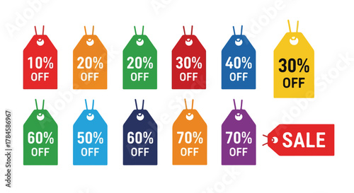 Various discount tags for sales promotions and shopping, including percentages from 10% to 70% off and a red sale tag