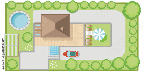 Aerial view of a modern house with a swimming pool patio car and garden