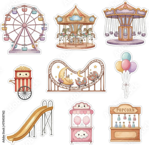 Watercolor Fun Carnival and Amusement Park Rides Stickers