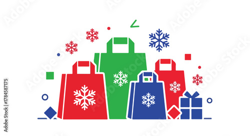 Christmas Shopping Bags with Snowflakes, Gift Boxes and Festive Cheer Vector Graphic