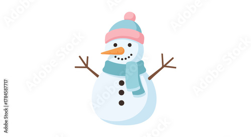 Charming Cartoon Snowman Illustration with Blue Hat and Scarf, Perfect for Winter Holiday Designs and Seasonal Celebrations