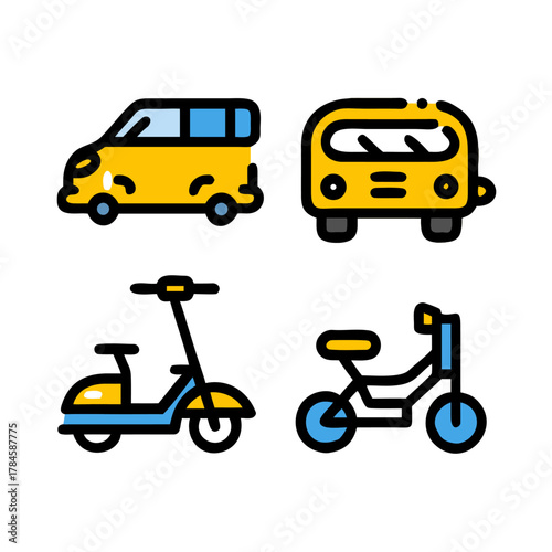 Set of City and Personal Transportation Line Icons (Alternative: Car, Bus, Scooter, and Bicycle Vector Symbols Collection)