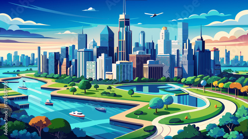 Very beautiful aerial drone view of the Chicago skyline from Lincoln Park, Illinois, USA, featuring downtown skyscrapers rising along Lake Michigan, clear blue water, and a realistic vibrant urban cit