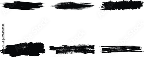 Collection of six rough black paint brush stroke textures isolated on transparent background