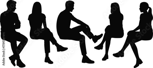 Silhouette seated people poses, casual and formal posture icons, black vector art, gesture study, cad drawing flat vector illustration