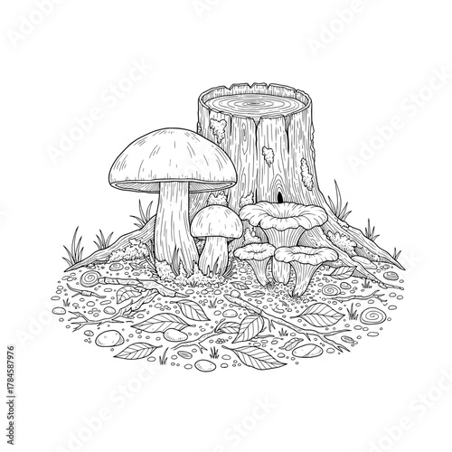 Forest Stump with Porcini and Chanterelle Mushrooms Coloring Page