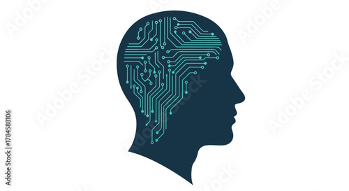 Conceptual illustration of a human head with circuitry representing artificial intelligence and brain activity
