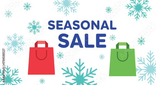 Seasonal winter sale banner with festive shopping bags and snowflakes. Vector illustration for holiday retail promotions and discounts