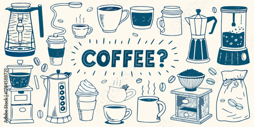 Collection of hand drawn coffee related items and brewing equipment with the word coffee in the center