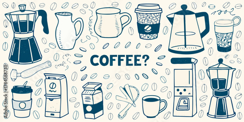 Whimsical hand drawn coffee collection featuring brewing equipment and coffee beans with the word coffee