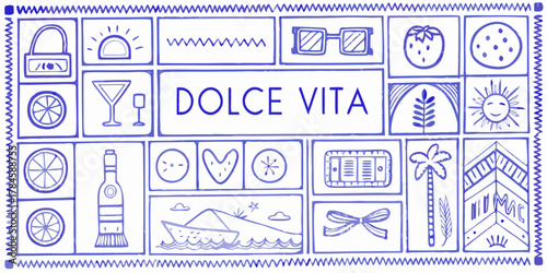 Dolce vita collage of italian summer icons and symbols in blue outline