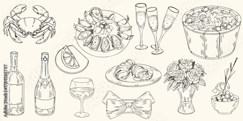 Elegant hand drawn sketch of a seafood feast with champagne and roses for celebration