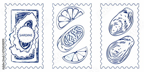 Hand drawn illustration of a sardine can with label and oysters with lemon slices in a stamp design