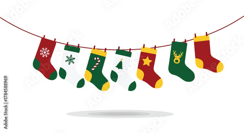 Christmas socks hanging on a line with festive holiday patterns