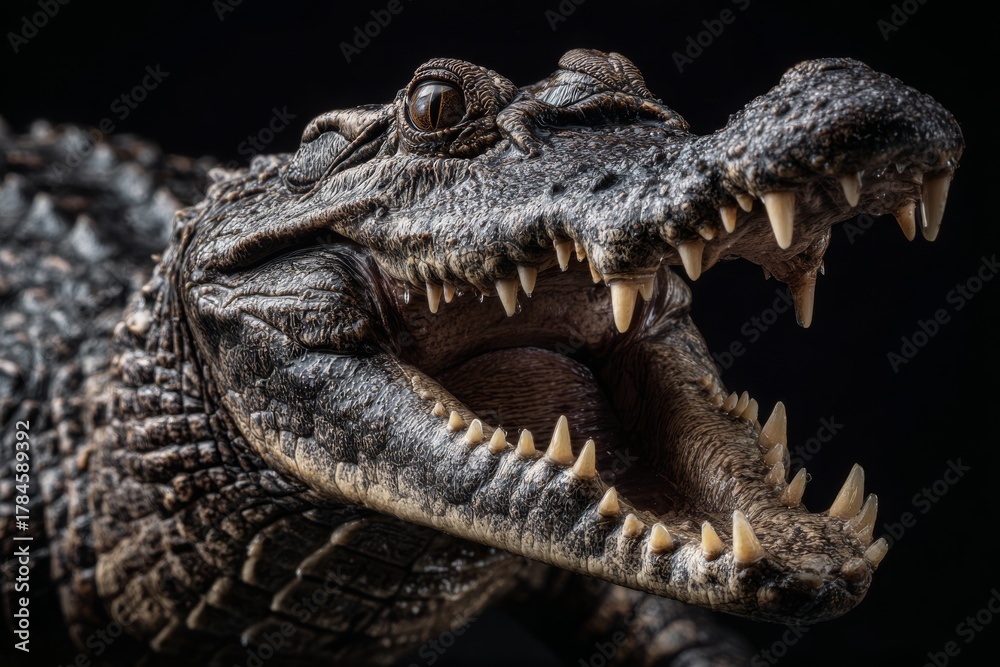 Fototapeta premium Fierce crocodile close-up with wide open jaws, revealing sharp teeth.