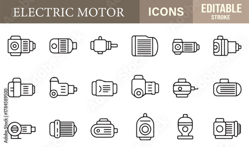 Vector pack featuring linear icons of electric motors, generators, and machinery equipment for industry use.