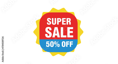 Vector illustration of a Super Sale 50 percent off promotional badge. Colorful advertising sticker for retail discount and marketing events