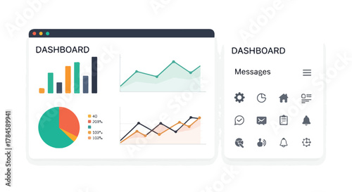 Digital business analytics dashboard with various infographic elements like charts, graphs, and icons for a web user interface design