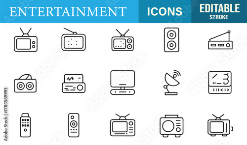 Minimalist editable stroke icon set of entertainment gadgets for sound, video, and communication vector themes.