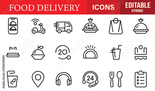 Editable outline vector icons of food delivery, courier service, and takeaway packaging for restaurant and app design.