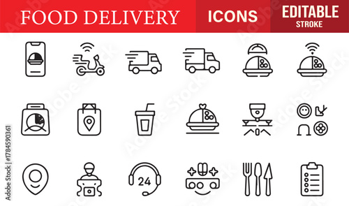 Vector outline icon set showing delivery app, courier, and meal tray for food service and digital restaurant themes.