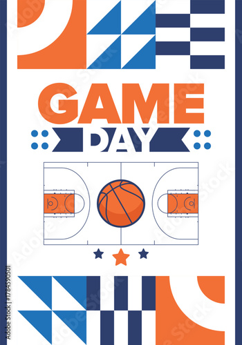 Game Day. Basketball playoff in March. Super sport party in United States. Final games of season tournament. Professional team championship. Ball for basketball. Sport poster. Vector