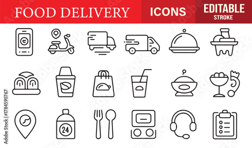 Minimalist editable stroke icon set of online food ordering and delivery service elements for vector graphics.