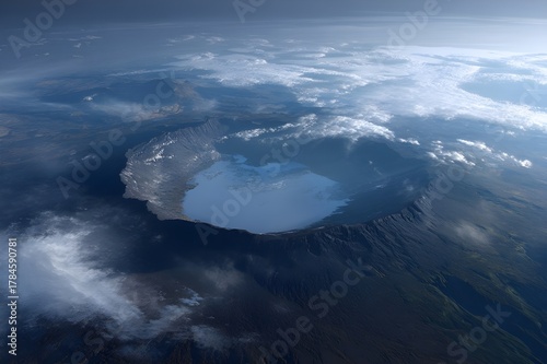 Aerial View Of Circular Volcanic Caldera Filled With Rainwater Stunning Crater Lake Formation