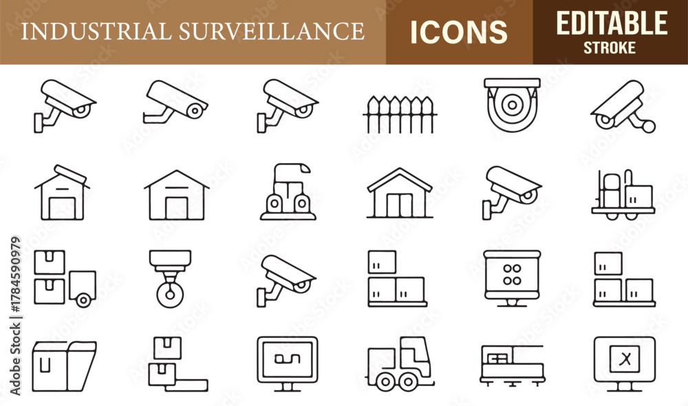 Fototapeta premium Editable stroke icons representing CCTV systems, warehouses, and monitoring screens for industrial security design.