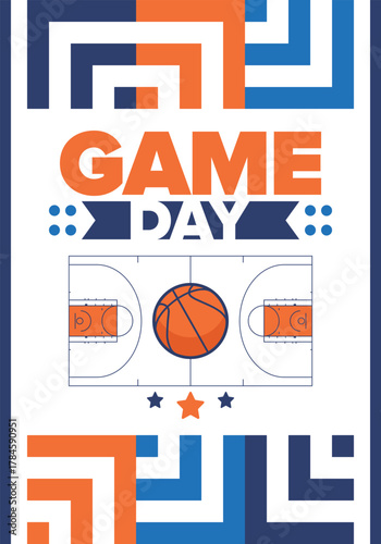 Game Day. Basketball playoff in March. Super sport party in United States. Final games of season tournament. Professional team championship. Ball for basketball. Sport poster. Vector