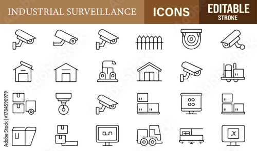 Editable stroke icons representing CCTV systems, warehouses, and monitoring screens for industrial security design.