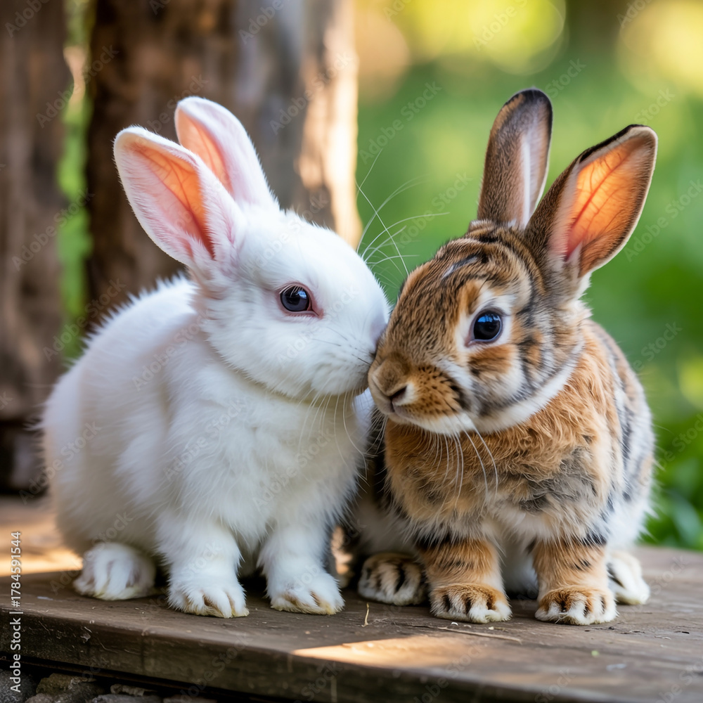 Fototapeta premium Two adorable baby bunnies, one white and one brown, sitting together outdoors