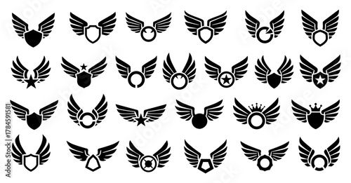 Vector set of black winged emblems and badge icons with shields, stars, and circles in minimalist style, ideal for logos, aviation, sports teams, military insignias, and branding designs.
