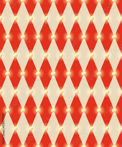 Red harlequin diamonds and lights seamless pattern. Aesthetics circus vector background for textile, party decorations, wrapping paper, packaging.