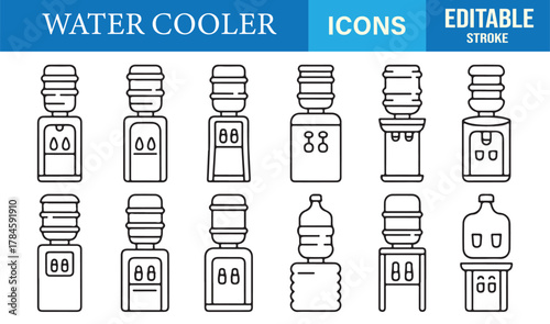 Minimalist editable stroke icons representing water coolers, dispensers, and bottles for vector appliance design.