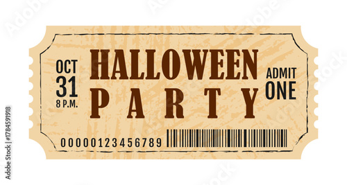 Halloween party retro ticket template. Holiday event admission, admit one. Festive typography on light background. Vector layout for themed events, promotions and entertainment.