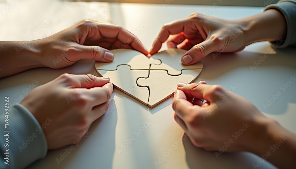 Fototapeta premium Family Caregivers Month. Hands assembling a wooden puzzle heart together in a collaborative and affectionate atmosphere