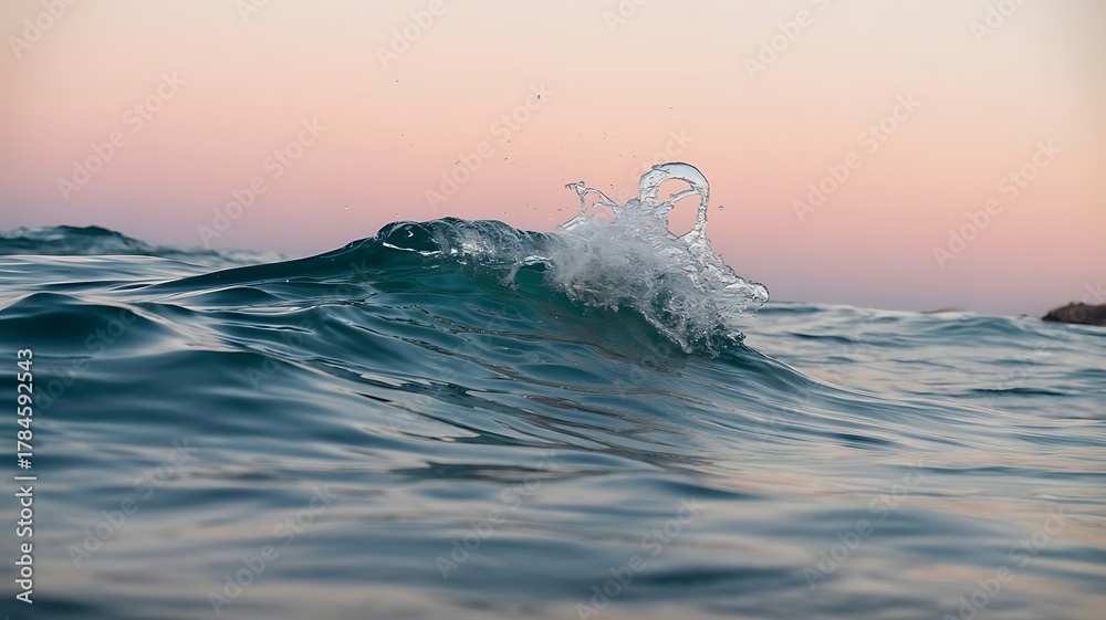 Naklejka premium Crest of a Wave at Sunset: Ocean Surface with Pink and Blue Hues