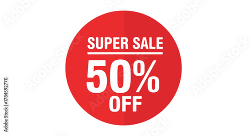 Fifty percent off super sale promotional graphic element. Red vector illustration of a discount sticker or advertising badge