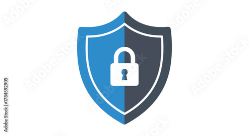 Blue security shield with a padlock symbol representing digital protection, web safety, and data privacy. Vector icon illustration