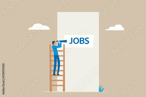 Man on ladder looking through telescope for job opportunities on a large white board with the word jobs