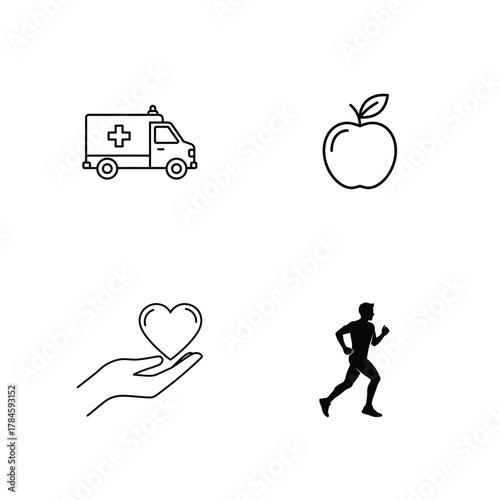Collection of hand drawn icons representing healthcare healthy eating and fitness for medical and wellness concepts