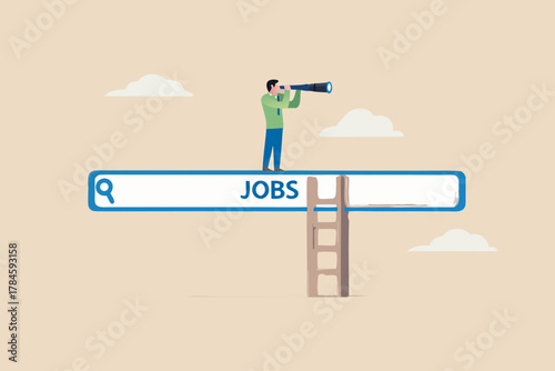 Man with telescope searching for jobs on a search bar with a ladder for access
