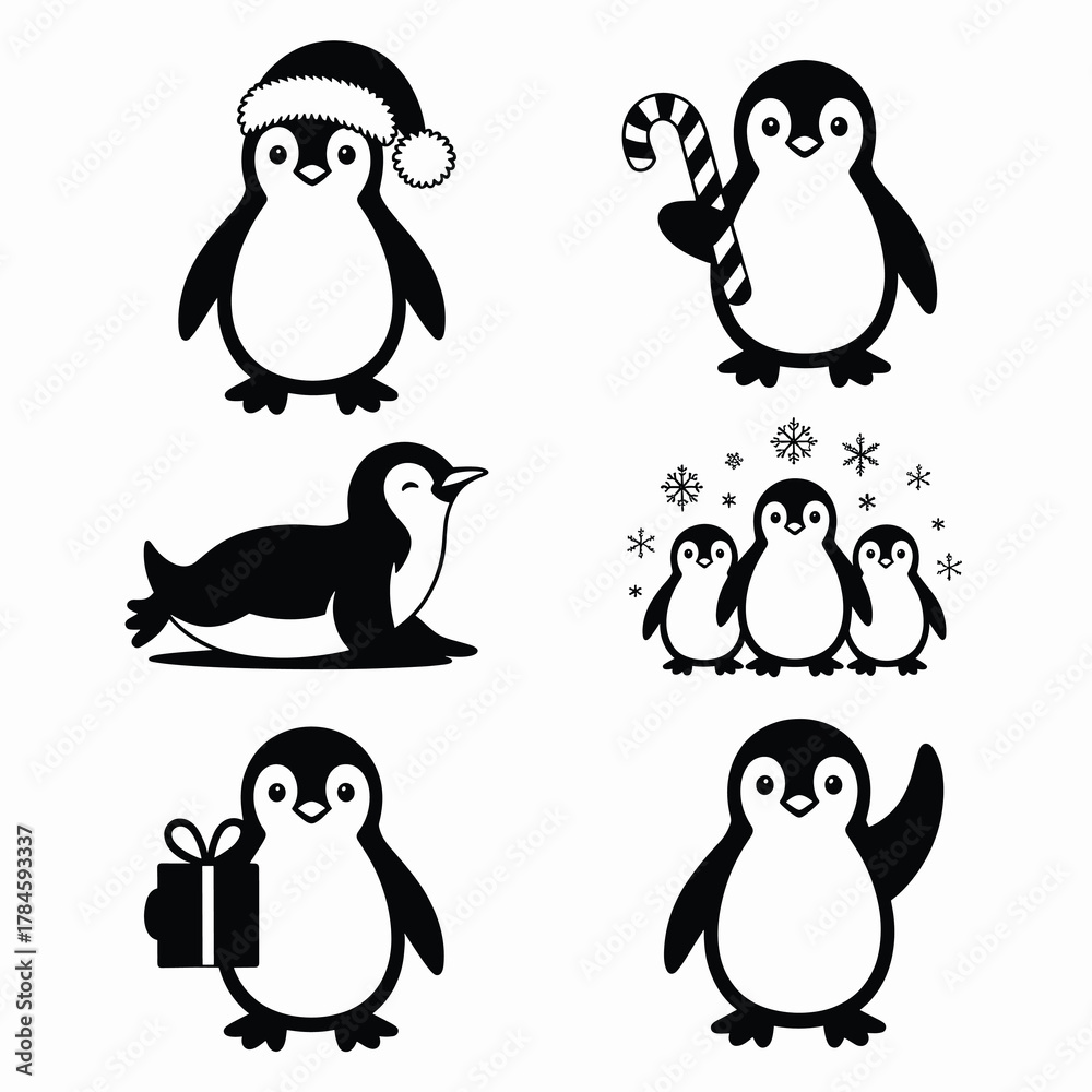 Fototapeta premium Christmas Penguin Silhouette Vector Set