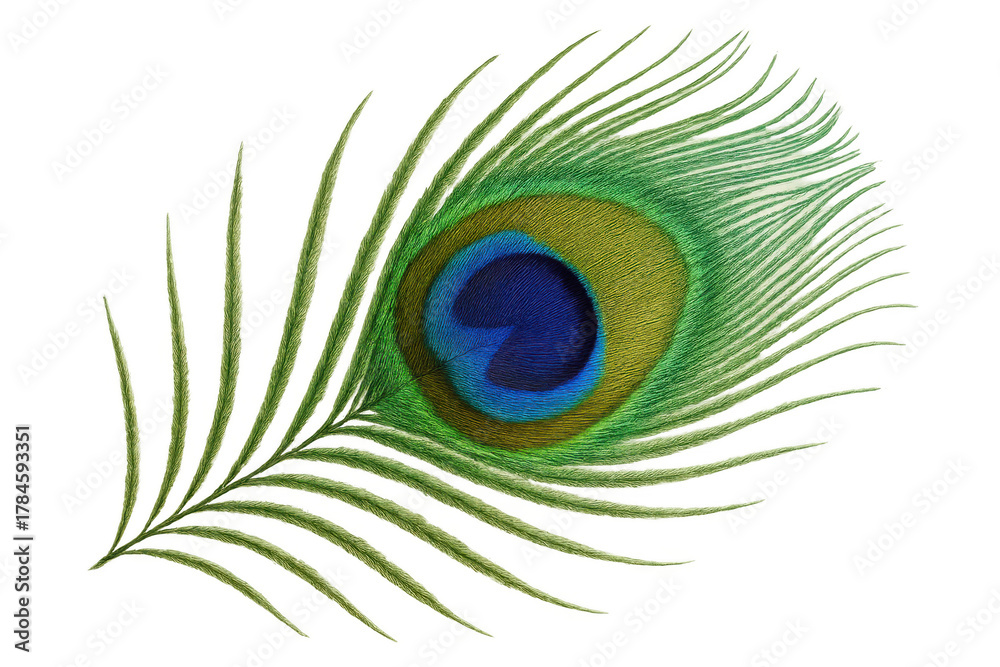 Obraz premium Peacock feather isolated on transparent background showing striking eye-spot pattern and vibrant iridescent colors
